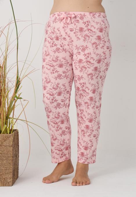 Pantaloni de Pijama Dama Lungi,Big Size,Culoare Roz cu Trandafir Rosu, Engros